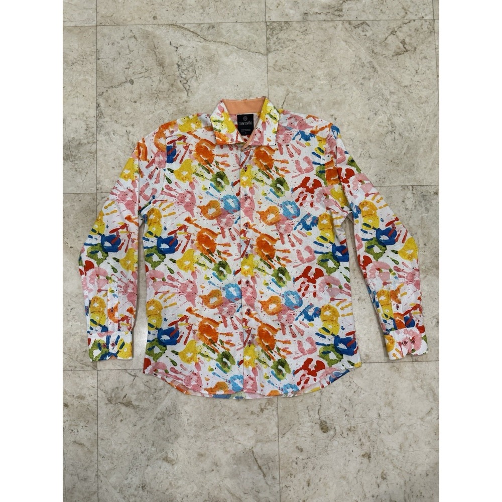 Marcello Multicolor Hand Prints Long Sleeve Dress Shirt Mens Medium Button Down